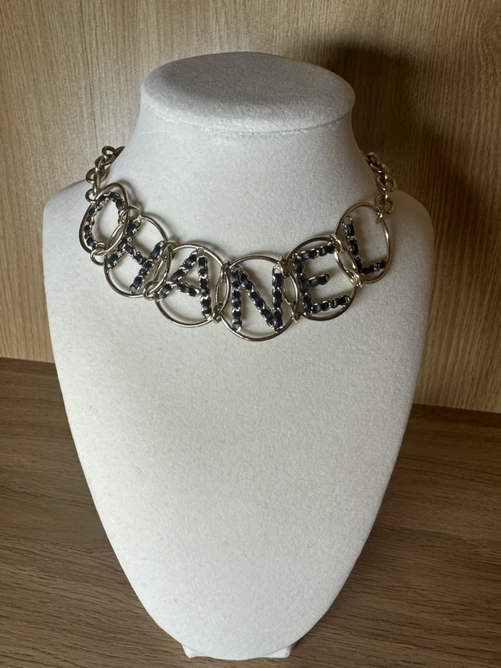 CHANEL Gold-Tone Link choker  with Black leather Weave Lettering